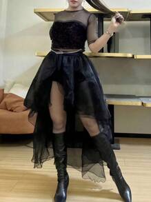 1pc Asymmetrical White/Black Tailcoat Dress, Asymmetrical Fish Tail Skirt, Layered Tulle Dress, Flowy Singing Dress, Cover-Up Dress, Crystal Chiffon Maxi Skirt, One-Piece Apron, Ruffled Multilayer Trailing Dress Suitable For Wedding, Banquet, Performance, Party, Bride, Bridesmaid, Stage Show, Cosplay, Travel Photo Prop, Dancing, Halloween Costume Fall Clothes For Women