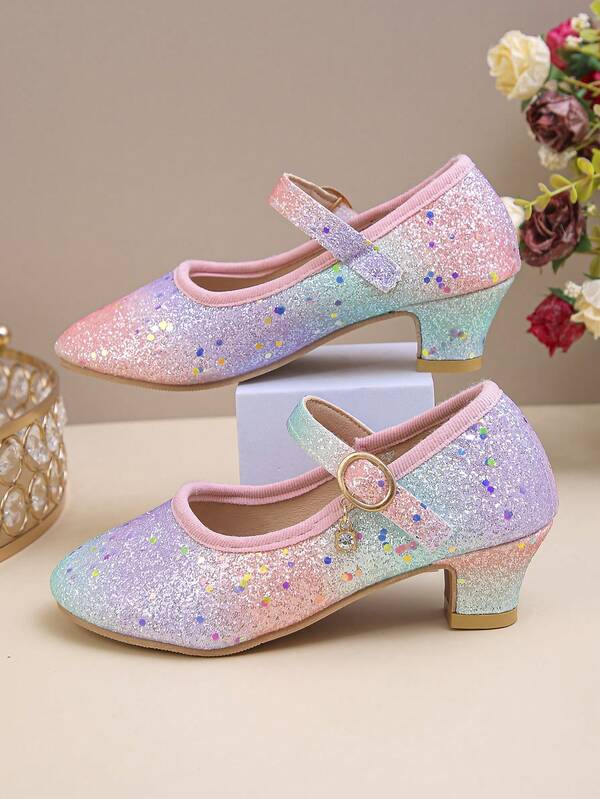 1 Pair Girls' Colorful Sequin Hook And Loop Design Elegant Small High Heel Shoes - Dance/Princess/Party Shoes, Suitable For Year-Round Wear, Perfect Gift For Children's Birthdays And Holidays