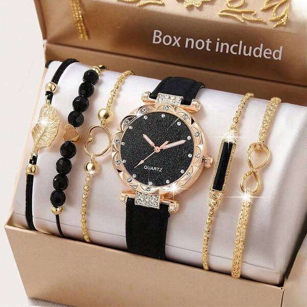Set de 6 ceasuri de damă, ceas de mână cu cuarț rotund, elegant și simplu, la modă, casual, cu șir țesut, brățară, set de bijuterii potrivit pentru purtare zilnică, sezonul de întoarcere la școală, sezonul de absolvire, Ziua Recunoștinței, cupluri, cele mai bune cadouri, cutia de ceas nu este inclusă