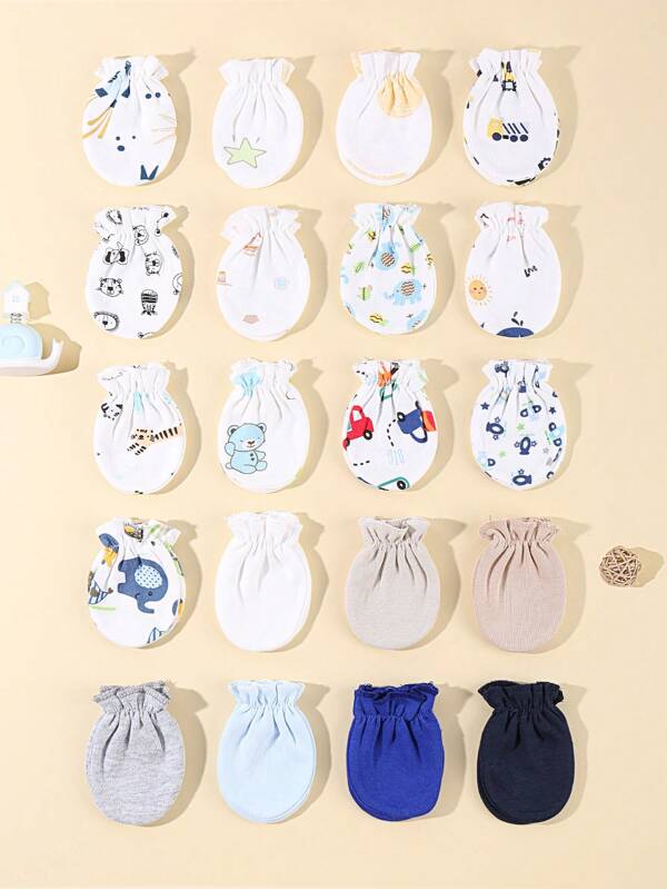 6 Pairs Of Baby Anti-Scratching Gloves In Random Colors, Printed With Patterns Of Stars, Elephants, Trucks And Bears.Soft And Skin-Friendly, And Suitable For All Seasons.