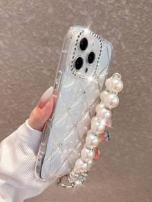 镶钻菱形奢华透明手机壳，带腕带，兼容 16 Pro Max/16/16 Pro/16 Plus/16E/15/15 Pro Max/15 Pro/15 Plus/11/12/13/14 Pro Max/11 Pro/11 Pro Max/12 Pro/12 Pro Max/13 Pro/13 Pro Max/7 Plus/14 Pro/14 Pro Max/14 Plus，简约创意白色软壳，防水防震防摔防刮。 - 透明+珍珠腕帶 - 查看 4