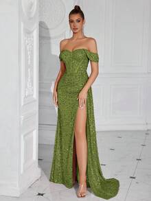 ADYCE Đầm dạ hội dài bằng satin lấp lánh cổ hình trái tim, eo xếp ly, thắt nơ phía trước, xẻ tà sau, đính sequin, thích hợp cho tiệc Giáng sinh. - màu xanh lá - Xem 7