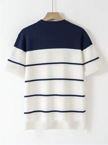 T-shirt girocollo a maniche corte in maglia da uomo - a blocchi di colore blu navy e bianco - con motivo a righe - tessuto confortevole - design alla moda per uso casual quotidiano e uscite del fine settimana
