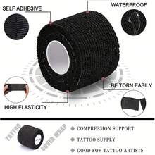 JC TATTOO-Tattoo Machine Grip Tape, Tattoo Grip Protection Bandage, Self-Adhesive Bandage, Disposable Self-Adhesive Bandage, Multiple Sizes Available (1/5/12/24pcs), Elastic Bandage Roll, Suitable For Tattoo Machine, Exercise, Body Protection, Essential For Tattoo Studio! Tattoo Accessories - Black - View 5