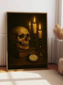 1pc Skull Poster, Candlelit Scene Canvas Print Wall Arts, Vintage Aesthetic Poster, Timeless Objects Art Prints, Bookshelf Display Paintings, Memento Mori Artwork, Home Decor, Room Aesthetic, Posters, Ideal Gift, Optional Framed Halloween Decor Fall Decor Room Decor