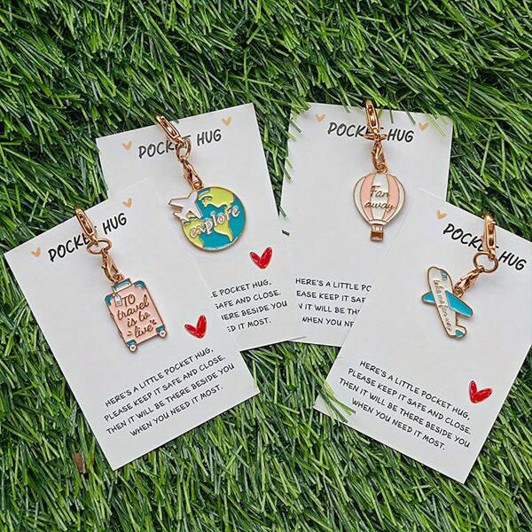 4 pièces Ensemble de porte-clés thème voyage avion et terre avec cartes d'étreintes de poche inspirantes - Breloques en alliage pour meilleurs amis, Fête des Pères, remise des diplômes, anniversaires, Saint-Valentin, Pâques, Fête des Mères, Halloween, Noël - Cadeau d'encouragement parfait, accessoires motivants | Breloques vibrantes | Breloques en alliage, accessoires de voyage