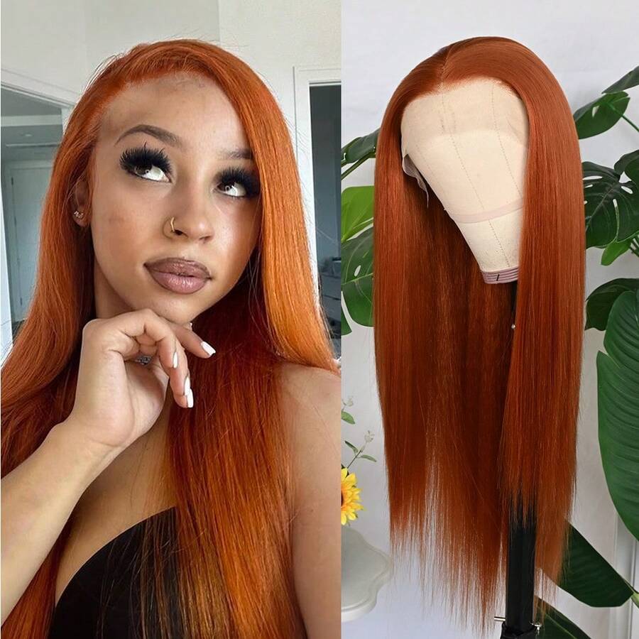 Orange Synthetic Lace Front Wigs Glueless Long Silky Straight Hair 13x4 HD Transparent Lace Wigs For Women Ginger Orange Color Heat Resistant Fiber Hair Natural Hairline Baby Hair Daily Party Cosplay Halloween Use - 薑色 - 查看 1