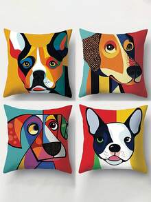 4pcs/1pc Color Abstract Dog Pattern Pillow Cover, Living Room, Bedroom, Sofa Decorative Cushion Cover, | 18x18 Inches | Zipper Closure | Soft And Comfortable Fabric - , Fade Resistant, Machine Washable, Suitable For Outdoor Decoration, Home Decoration, Terrace Decoration, Room Decoration, Bedroom Decoration. Excluding Core - Multicolor - View 3