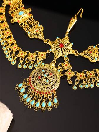 1pc Arabian Style Hollow Carved Rhinestone & Waterdrop Decor Headchain, Moroccan Women's Caftan Wedding Jewelry Hair Accessory