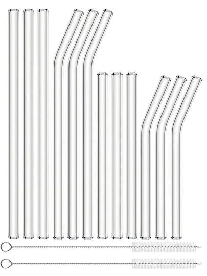 Shatter-Resistant Glass Straws (18 Pack) -For Teacher's Gift, 8 Straight (8.5"/20cm) & 8 Bent (6"/15cm) + 2 Brushes | Reusable Straws For Smoothies, Iced Coffee, Juice, Cocktails, Bubble Tea, Home & Office Use
