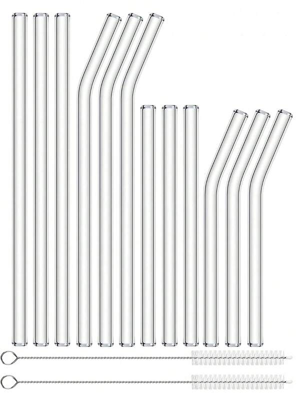 Shatter-Resistant Glass Straws (18 Pack) -For Teacher's Gift, 8 Straight (8"/20cm) & 8 Bent (6"/15cm) + 2 Brushes | Reusable Straws For Smoothies, Iced Coffee, Juice, Cocktails, Bubble Tea, Home & Office Use