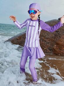 mini bala 女童泳衣套装 - 长袖上衣配裙裤和泳帽，防紫外线夏季泳装 - 紫白色調 - 查看 2