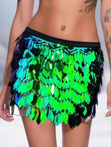 Sequin Belly Dance Hip Scarf For Women Sexy Bellydance Tassel Hip Wrap Skirt Belt Hipskirt Costume Accessories Music Festival - Multicolor - View 6