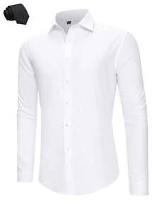 Men's Solid Casual Long Sleeve Button-Up Dress Shirt With A Necktie Included For Wedding Party Prom Old Money Style White Size XS-3XL - White - View 9
