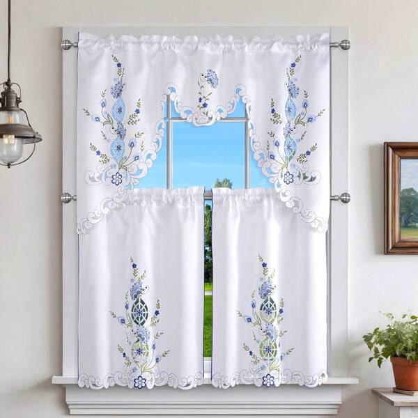 3pcs Spring Floral Curtain Set - Embroidered Butterfly Curtain Set, Handcrafted Cutwork Design, Light-Filtering Polyester Satin Rod Pocket Curtain Set For Kitchen, Living Room, Bedroom, Bathroom - With Butterfly Accents For Wedding Party,Outdoor Decor
