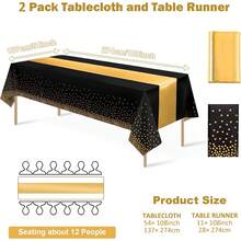 2 Packs/8 Pack, 1 Pc/4 Pcs Disposable Plastic Tablecloths And 1 Pc/4 Pcs Satin Table Runner Set, Black And Gold Dot Tablecloth Gold Satin Table Runner For Wedding Birthday Anniversary Christmas New Year Party Decorations