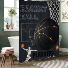 1/4 pièces Ensemble de rideaux de douche thème basket-ball, en tissu de polyester imperméable, style minimaliste moderne pour la décoration de la maison. Tapis de bain en forme de U, tapis de bain antidérapant, avec 12 crochets Back to School