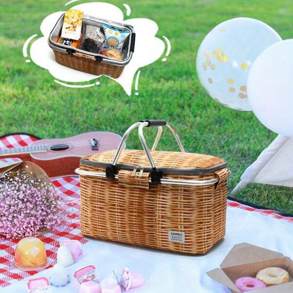 1 Stück Picknickkorb im Geflecht-Stil, isoliert - auslaufsicher, faltbares Design, mit doppelten Griffen und Stützstäben, verwendbar für Lebensmittel, Camping und Reisen mit dem Auto