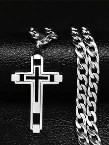 2025嘻哈十字架不锈钢链项链，金色长吊坠项链，男女通用 - 十字架項鍊 - 查看 3