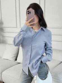 Women's Striped Button Down Long Sleeve Casual/Business Blouse - Blue and White - View 5