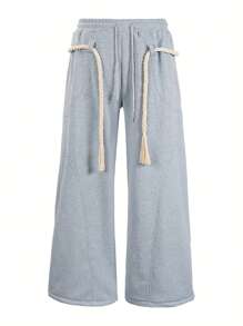 Men's Grey Thick Rope Drawstring Loose Wide Leg Casual Pants - Light Grey - View 4
