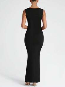 夏季女士无袖方领修身优雅长裙性感派对晚礼服婚礼黑色 - 黑色 - 查看 5