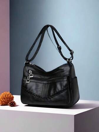 Women's Multi-Pocket Soft Leather Waterproof Anti-Theft Crossbody Bag, Rivet Fixed Braided Decoration, Lightweight Shoulder Bag For Outdoor, Street, Casual, Vacation, Office, Home, Travel, With Side Pocket Vintage Design