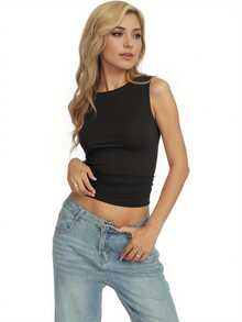 Women's  Boat Neck Sleeveless Tank Top Y2K Summer Camisole Fashion Slim Fit T Shirt For Going Out - 黑色 - 查看 2