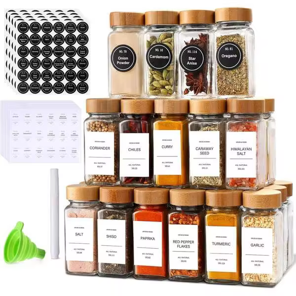 12 Compact Bamboo Seasoning Storage Boxes, Suitable For Countertops And Kitchen Drawers, Filled With Spices.