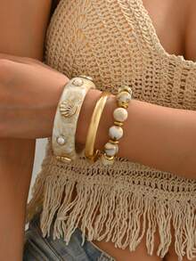3pcs Bohemian Gradient Resin Multilayer Shell & Faux Pearl Bracelet/Bangle Set, Suitable For Women To Wear In Daily, Vacation, Casual Gathering, Party, Jewelry Gifts, Color Random - Multicolor - View 3