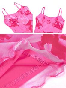 2025 New Style Halter Neck Winter And Autumn Innerwear Dress, Winter And Autumn Layered Dress, Lady's Elegant Netted Floral Print Dress, Sleeveless, Exquisite Halter Style, Party Dress, Suitable For Cocktail Parties, Gatherings, And Dates. - Pink - View 6