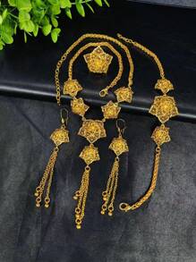Set de 4 piezas de joyería de lujo con flecos florales chapados en oro para mujeres, incluye collar, aretes, brazalete, anillo, accesorios para bodas y fiestas, regalo para fiestas