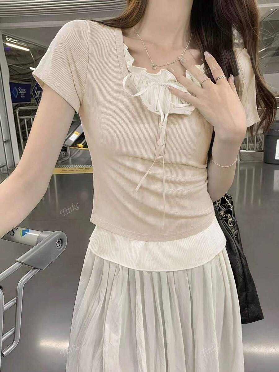 F14 STYLE Summer Tie-Up Color Block Tshirt image