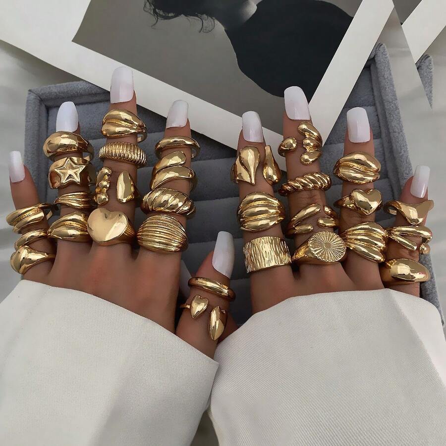 6 件套女士几何金属戒指套装，珠宝戒指