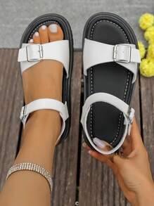 Sandalias de suela gruesa de unicolor, estilo europeo y americano para tallas grandes - Nuevas sandalias romanas de verano con tira y punta abierta