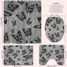 1/4 Stück Grau & Schwarz Schmetterling Design Duschvorhang Set, wasserdichter Duschvorhang, Badezimmermatte, U-förmiger Toilettendeckel, dekorativ, modische Raumteiler, ohne Bohren, maschinenwaschbar Polyester Badezimmer Dekoration Herbst Dekoration Badezimmer Accessoires Schulanfang