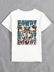 1 pieza de top occidental para mujer, top de manga corta con cuello redondo y estampado de lazo turquesa, regalo para mamá, estilo vaquero occidental, atuendo campestre, camiseta de vaquera - Blanco - Ver 2
