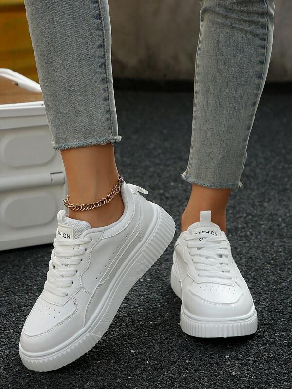Women's Korean Style Lace-Up Round Toe Casual Shoes, Flat Color Block Comfortable Versatile Sneakers Autumn