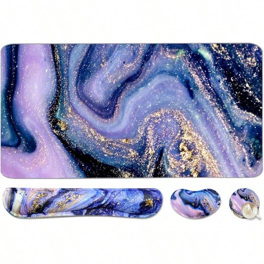 Large Mouse Pad Desk Dad, 4-In-1 Keyboard Wrist Rest Pad & Wrist Support Mouse Pad Set, Extended Desk Pad Waterproof Desk Home Office Study Game-Blue Marble - Purple Marble - View 1