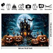1pc Ghost Night Castle And Pumpkin Lantern Background Banner - Terrifying Bat And Full Moon Design, Suitable For Halloween Decoration, Day Of The Dead Decoration, Christmas, New Year, Autumn Decoration, Party Supplies, Party Decor, Indoor And Outdoor Garden And Courtyard Decoration - Multicolor - View 17