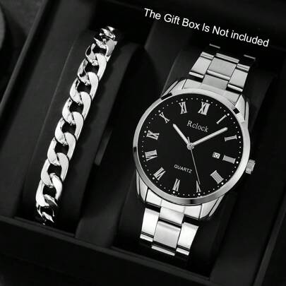 2pcs Men's Watch Stainless Steel Fashion Casual Roman Scale Dial Quartz Calendar Watch Business & Jewelry Accessories Hip Hop Bracelet Set Party Gift Beach Vacation Valentine Gift