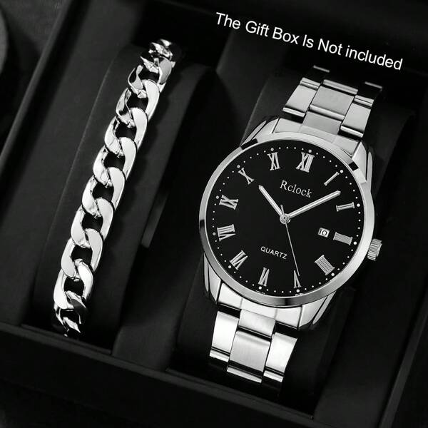 Relógio masculino de aço inoxidável, 2 peças, moderno, casual, escala romana, mostrador, quartzo, calendário, relógio, acessórios de negócios e joias, conjunto de pulseiras hip hop, presente de festa, praia, férias, presente de dia dos namorados