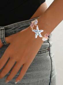 1 Stück modischer Dopamin-Luxus-Öltropfen-Stil Seestern & Jakobsmuschel Muschelschmuck-Armband mit Strass und Kunstperlen, geeignet für Geburtstag, Feiertage, Geschenk für Freundinnen, Freunde
