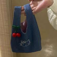 Sanrio Sanrio Hello Kitty Cute Denim Embroidered Kitty Handbag, Hello Kitty Bag ,A Stroll Bag, Portable And Spacious For Carrying Out, A Lunch Bag For Work.,Handy New Hello Kitty Lunch Box Bag Cartoon Cute Handbag Large Capacity Tote Storage Bag,Travel Essentials