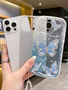Accesorio de teléfono estilo Fairycore de 1 pieza, soporte de tarjeta con degradado azul y brillos + pulsera con mariposa + funda de TPU azul anti-caída compatible con iPhone 15/15Pro/15Plus/15Promax Kawaii