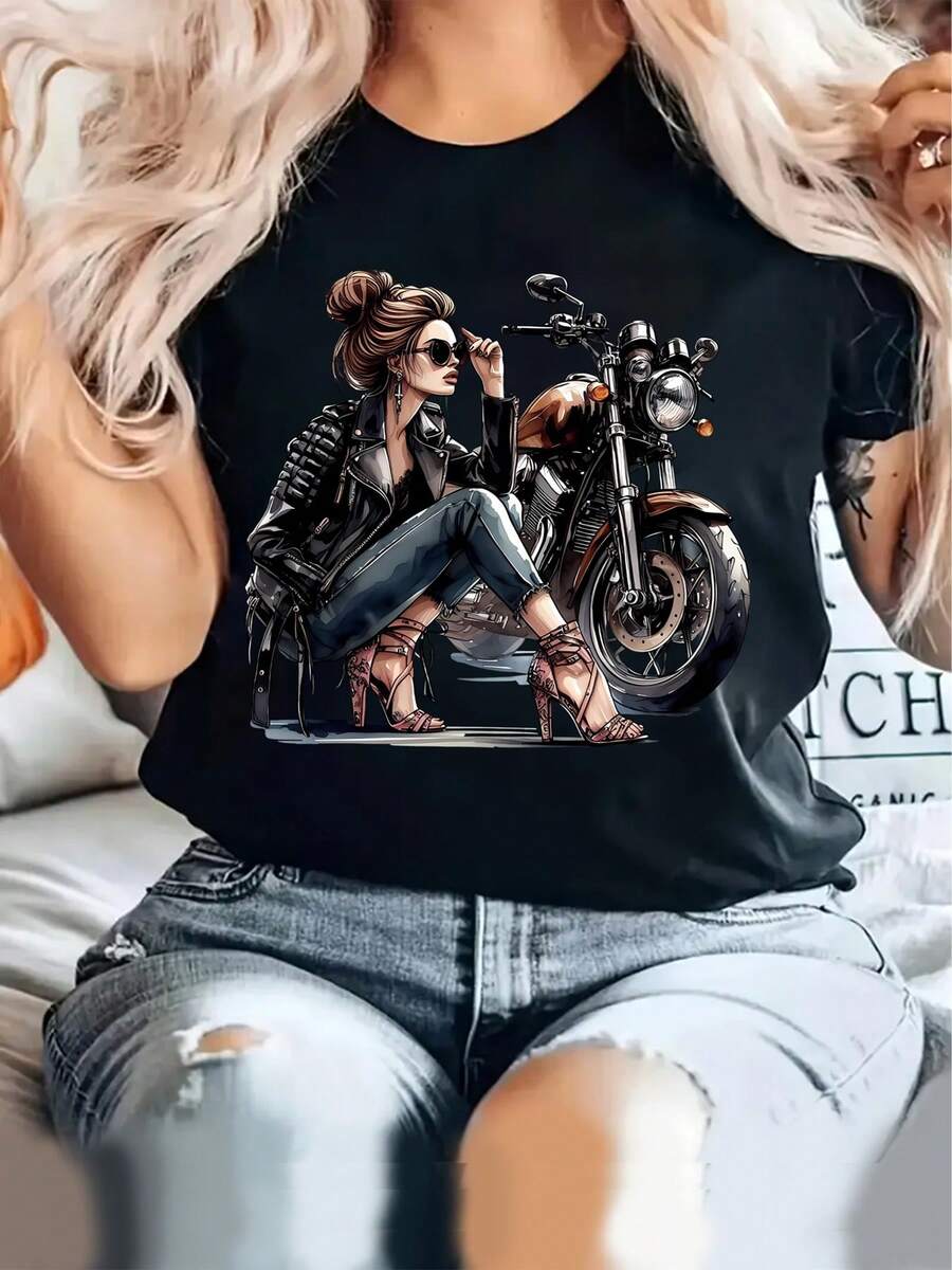 Camiseta de manga corta para damas con estampado de patrones, top de cuello redondo suelto y casual, se puede lavar aáquina para comodidad durante las cuatro estaciones. - Negro - Ver 1