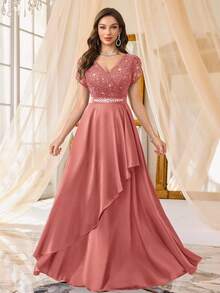 MIUSOL فستان سهرة ماكسي مزين بالترتر والدانتيل بياقة على شكل حرف V وأكمام على شكل بتلات والخصر غير متماثل ومنسدل والبطانة من السان، فستان سهرة أنيق للنساء، ثوب سهرة رسمي، فستان حفل كبير، لضيوف الزفاف، التخرج، العشاء