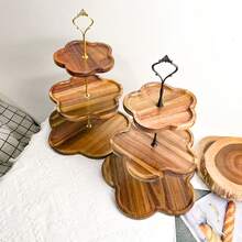 跨境2/3层花形零食甜品展示架，简约极简设计，2层放水果，3层放面包、糖果、寿司，木质盘子