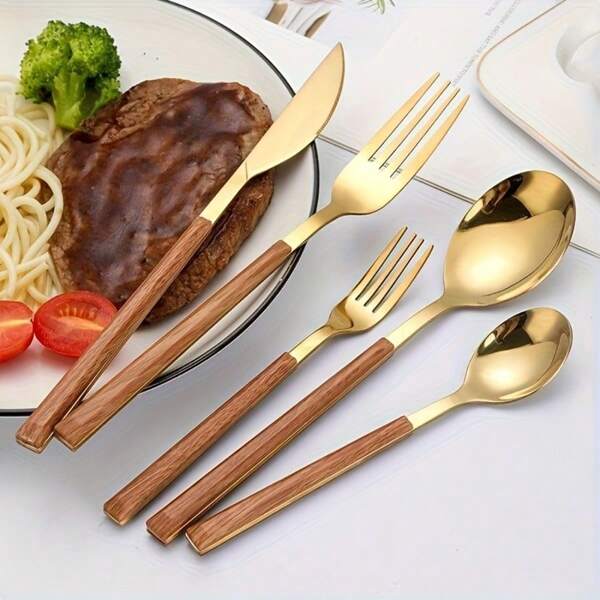 Silverware Set With Cake Fork, Stainless Steel Cutlery Set, Cutlery Set With Wooden Effect Handles, Including Knife, Fork And Spoon, Mirror Polished, Dishwasher Safe,School Supplies