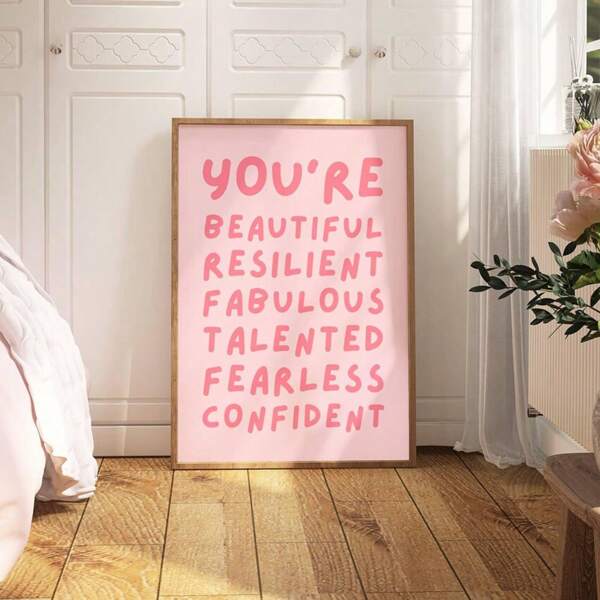 1 pieza Cartel de arte de pared con marco/sin marco "Eres afirmación" rosa, motivacional, impresión en lienzo con cita de amor propio positiva, decoración de habitación femenina, pintura moderna para sala de estar, dormitorio, decoración del hogar